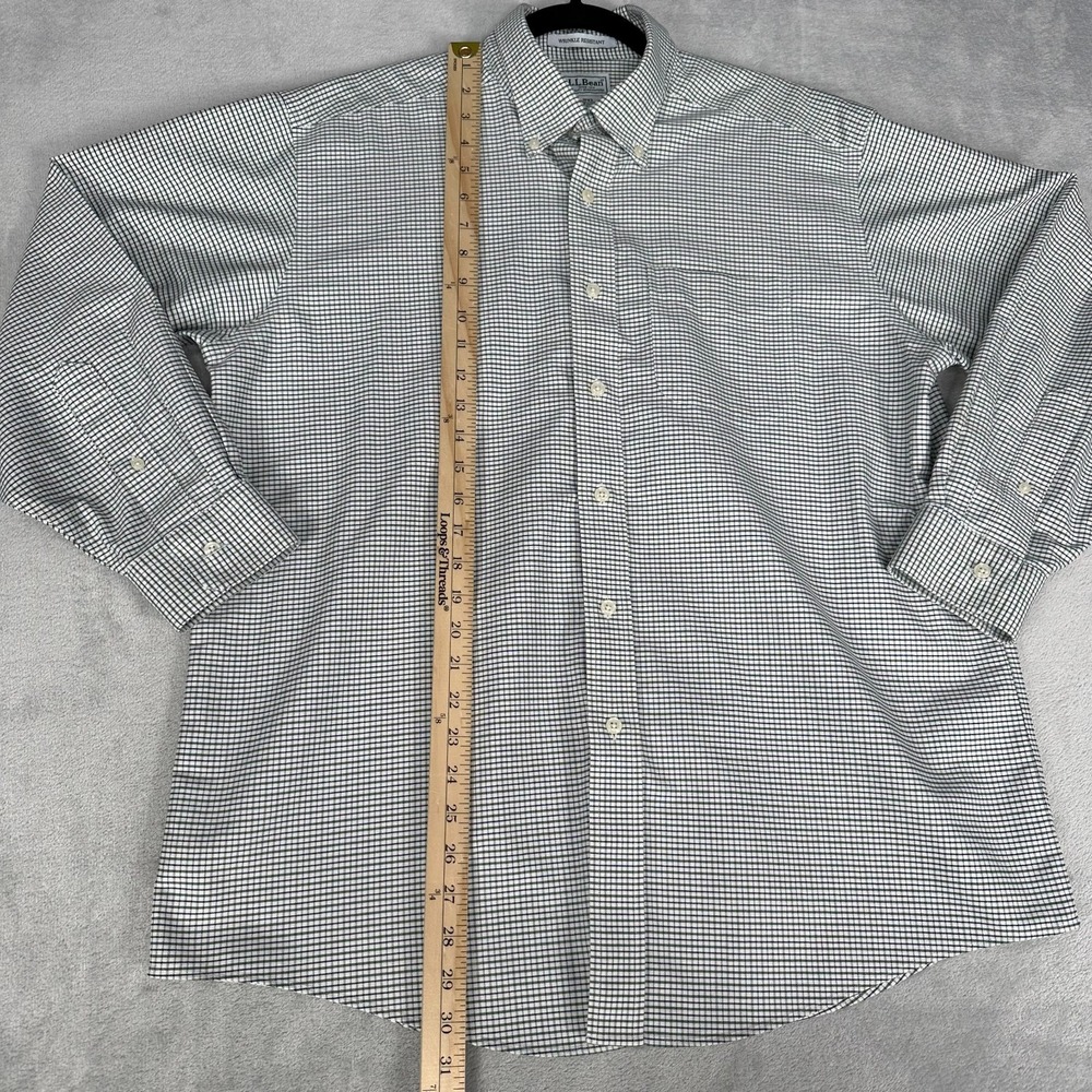 LL Bean Mens 16.5-32 Green White Tattersall Check Wrinkle Resistant Shirt Oxford - Picture 4 of 9